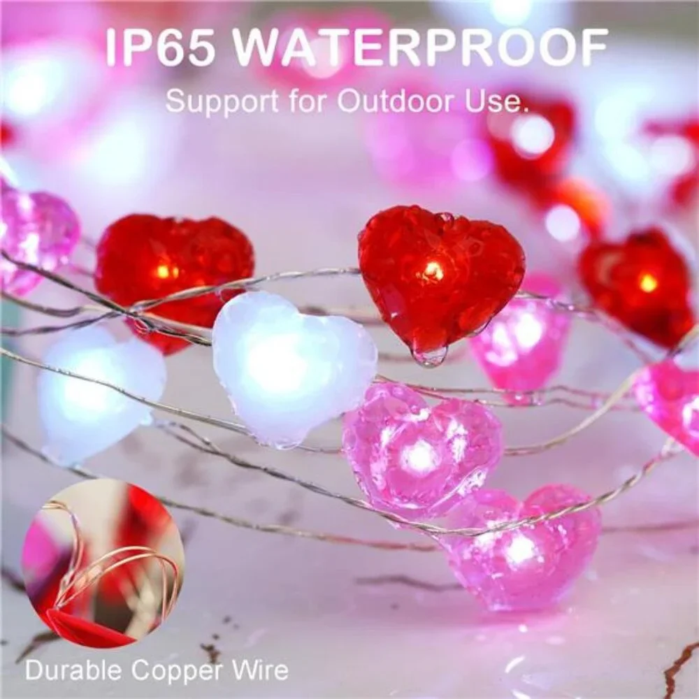 Valentines Day Decor 10 ft 40 LEDs Red White Pink Heart String Lights Battery